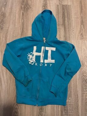 Roxy Teal Blue Graphic Zip Hoodie with White 'HI' Print